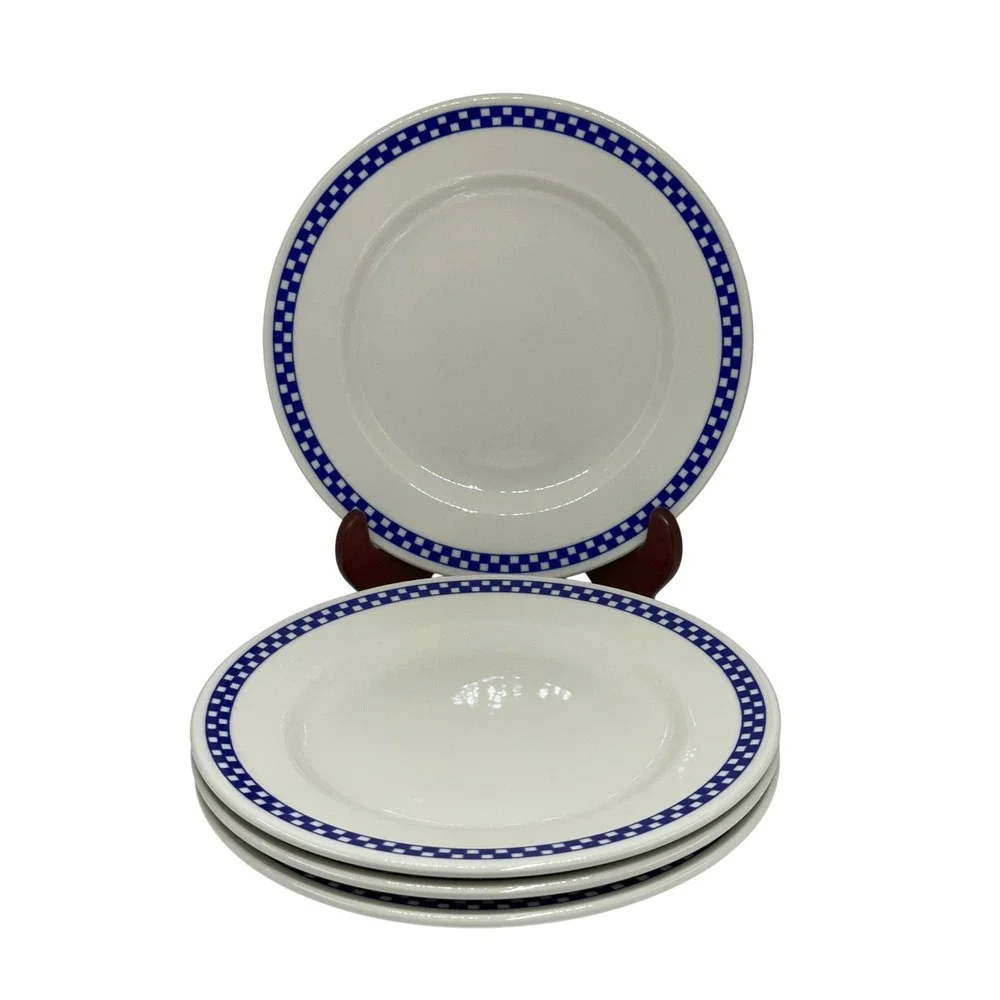 Homer Laughlin Dinner Plates Set of 4 Blue White Checkered Rim Ceramic USA Made